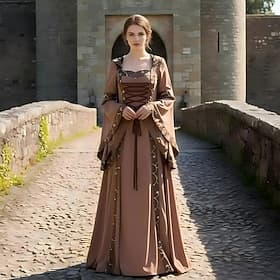Mittelalterlich Renaissance Knöchellänge Kleid Ausgefallene Kostüme Mit Kapuze Trompetenärmel Wikinger Elfen Quadrathals Kostüm Damen Keltisch Fantasie Hallowe