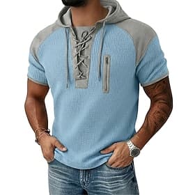 Men's Waffle Henley Shirt Tee Top Short Sleeve Hooded Lace Up Neck Summer Spring All Seasons Patchwork Fashion Designer Casual Color Block Casual Daily Outdoor