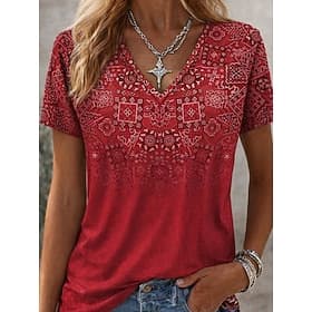Women's T Shirt Print Floral Graphic Vintage Stylish Classic Short Sleeve V Neck Regular Tops Daily White-Blue Black Red Summer Spring