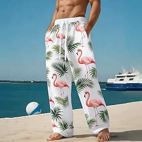 Homme Flamant rose Oiseau Cocotier Pantalons Pantalon décontracté Pantalons Amples Taille Moyenne Hawaïen Extérieur Vacances Tenue de plage Taille élastique av