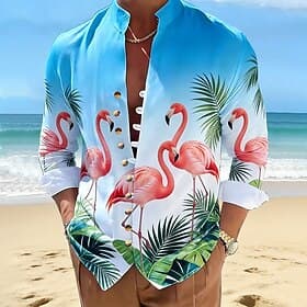 Herren Flamingo Vogel Palmblatt Hawaiihemden Alohahemd Stehkragenhemd Langarm Hawaiianisch Strandurlaub Sommer Frühling Mandarinkragen Stehkragen 3D-Druck Lein