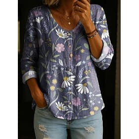 Women's Blouse Buttons Print Floral Graphic Elegant Vacation Vintage Long Sleeve Crew Neck Regular Tops Daily Yellow Pink Purple Fuchsia Orange Summer Spring F