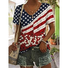 American Independence Day Women's T Shirt Print Graphic Flag Vintage Stylish Classic Short Sleeve V Neck Regular Tops Daily Blue Summer Spring