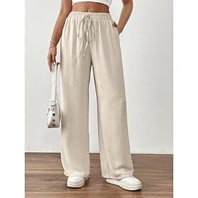 Women's Faux Cotton Linen Wide Leg Trousers Casual Pants Vacation Fashion Streetwear Full Length High Waist Solid Color Pocket Elastic Waist Comfortable Micro-
