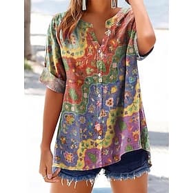 Women's Shirt Buttons Print Floral Graphic Bohemia Vacation Casual Short Sleeve V Neck Regular Tops Daily Holiday Going out Purple Summer Spring