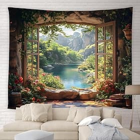 Tapisserie murale 3D représentant une vue sur la nature, un paysage serein de lac, de montagne et de forêt, un jardin fleuri, une décoration murale pour la mai