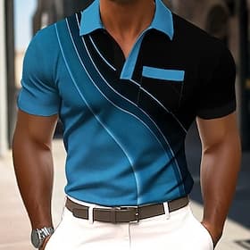 Voor heren Verloop Meetkundig Poloshirts Korte mouw Poloshirt Revers Zakelijk informeel Buiten Feestdagen Alledaagse kleding Zak 3D-afdrukken Zomer Lente blauw