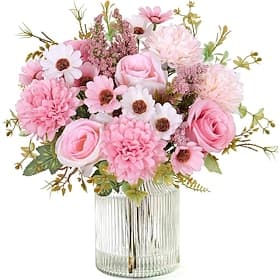 Artificial Flowers Like Real Artificial Bouquet 2/4 Packs Silk Artificial Roses Bouquet with Daisy Chrysanthemum Pink Flowers for Valentines Day Centerpiece Ta