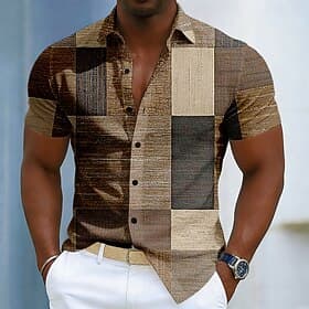 Men's Geometric Color Block Patchwork Shirt Button Up Shirt Short Sleeve Fashion Casual Daily Outdoor Vacation Summer Spring Turndown 3D Print Linen Like Shirt