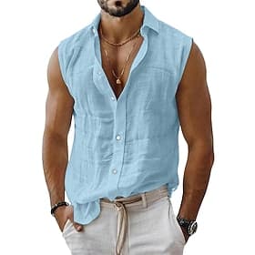 Men's Shirt Linen Shirt Summer Shirt Beach Wear Button Up Shirt Plain Casual Daily Blue White Pink Sleeveless Collar Summer Spring Clothing Apparel Plain