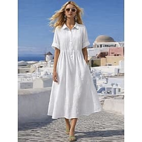 Femmes Robe Midi Robes effet lin Robe Chemise Robe Caftan Mode Moderne Quotidien Extérieur Vacances Coupe régulière Uni Manche Courte Col de chemise Bleu Blanc