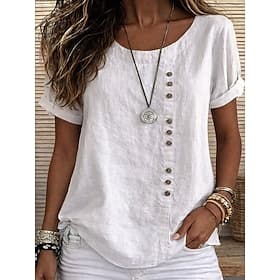 Women's 100% Cotton T Shirt Tee Top Buttons Plain Fashion Stylish Classic Short Sleeve Crew Neck Regular Tops Daily Going out Weekend Blue White Yellow Army Gr
