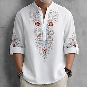 Homme Imprimé Floral Ethnique Fleurs Chemise Chemise Boutonnée Chemise Henley manche longue Vintage Rétro Occasionnel Vacances Mariage Été Printemps Col mandar