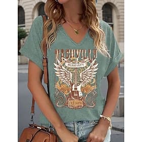 Musikfestival Damen T Shirt Druck Grafik Buchstabe Vintage Stilvoll Klassisch Kurzarm V Ausschnitt Normale Oberteile Täglich Wochenende Urlaubskleidung Schwarz