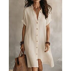 Femmes Mini Robe Robes effet lin Robe fourreau Robe d'été Occasionnel Quotidien Coupe Ample Uni Manche Courte Revers Bleu Noir Vin Vert Véronèse Été Printemps