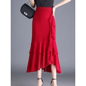 Women's Vacation Skirt Elegant Fashion Casual Midi High Waist Skirts Plain Ruffled Micro-elastic Daily Street Black Red Purple Coffee Summer