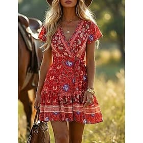 Femmes Mini robe Robe bohème Robe Décontractée Robe Fleurie Élégant Mode Moderne Extérieur Vacances Sortir Coupe régulière Fleur Manche Courte Col en V Rose Cl