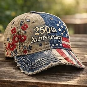 US Vintage 250th Anniversary Hat American Flag Patriotic Baseball Cap Floral Embroidery Distressed Denim Adjustable 4th of July Independence Day Gift for Men W