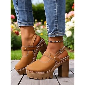 Tacones Mary Jane gruesos para mujer: tacones altos de plataforma marrón con correa ajustable para uso informal y de oficina. zapatos de fiesta en el jardín