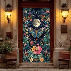 Mystical Butterfly Full Moon Flower Garden Door Banner Night Forest Vibrant Floral Fantasy Art Door Cover for Entryway Bedroom Home Decor Party Backdrop