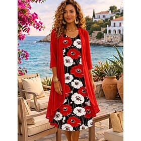 Femmes Robe Ensemble Robe trapèze Élégant Vacances Fleuri Graphique Superposé Imprimé Robe Midi Manche 3/4 Col ras du cou Quotidien Rose Claire Rouge Été Print