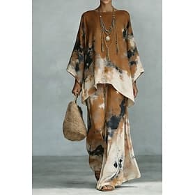 Women's Pants Sets Bolero 3/4 Length Sleeve Round Neck Ombre Graphic Print Fashion Streetwear Casual Daily Outdoor Brown Spring Summer Loose Fit