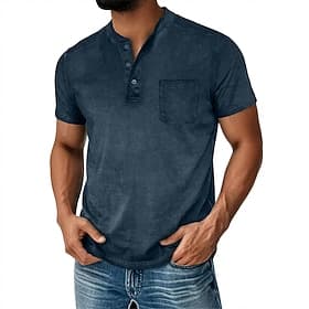 Homme Chemise Henley Chemise 100% coton délavée à l'acide Manche Courte Uni Rétro Vintage Occasionnel Le style rétro Affligé Henley Occasionnel Été Printemps A