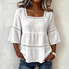 Women's Elegant Cotton Linen Lace Panel Layered Ruffle Top Basic 3/4 Length Sleeve Square Neck Regular Tops Casual Daily Blue Black White Green Summer Spring