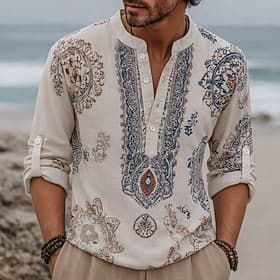 Homme Ethnique Floral complexe Chemise Chemise Boutonnée Chemise Henley manche longue Vintage Rétro Occasionnel Vacances Mariage Été Printemps Col mandarin Col