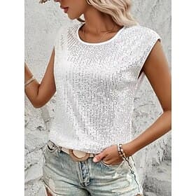 Femmes T-shirt Paillettes Couleur Unie Graphique Uni Mode Classique Occasionnel Sans manches Manche Courte Col ras du cou Hauts Réguliers Quotidien Sortir Week