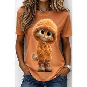 Women's T Shirt Print Graphic Animal Cat Vintage Stylish Classic Short Sleeve Crew Neck Round Neck Regular Tops Casual Daily Weekend Blue Light Brown Orange Su