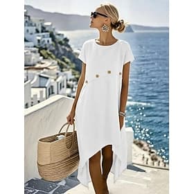 Women's Midi Dress Casual Dress Fashion Modern Outdoor Vacation Going out Loose Fit Plain Short Sleeve Crew Neck White Wine Royal Blue Brown Summer Spring