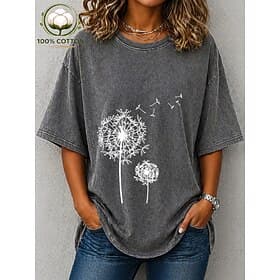 Women's 100% Cotton T Shirt Shirt Vintage Washed Tops Print Graphic Plants Stylish Basic Classic Short Sleeve Crew Neck Round Neck Regular Tops Casual Daily Bl