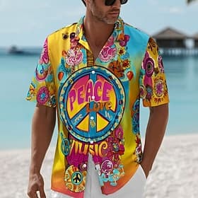 Herren Liebe Frieden Musik Hemd Sommerhemd Knopfhemd Kurzarm Hippie Outdoor Musikfestival Strandurlaub Sommer Frühling Umlegekragen 3D-Druck Hemden mit Kragen