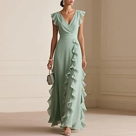 Damen Maxikleid Chiffonkleid Elegant Täglich Outdoor Urlaub Normale Passform Einfach Kurzarm V Ausschnitt Grün Frühling