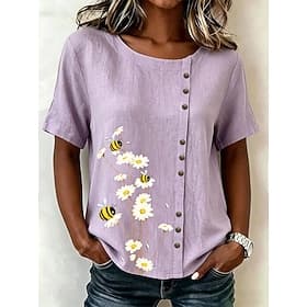 Women's Blouse Buttons Print Floral Graphic Vintage Tropical Stylish Short Sleeve Crew Neck Regular Tops Casual Holiday Blue Black Yellow Purple Khaki Summer S