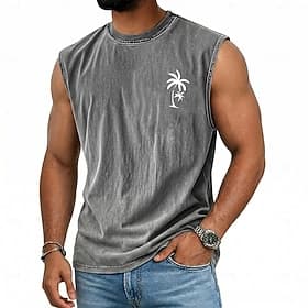 Men's Coconut Palm Vest Top Acid Washed T Shirt Undershirt Sleeveless T shirt Graphic Print Crew Neck Shirt Vacation Tropical Fashion Daily Vacation Beaches Bl