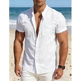 Men's Shirt Summer Shirt Beach Shirt Cotton Linen Shirt Solid Color Casual Outdoor Black White Navy Blue Khaki Short Sleeve Stand Collar Summer Spring Clothing