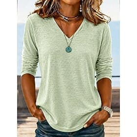 Women's Linen-feel Shirts Shirt Texture Blouse Summer Tops Plain Stylish Classic Short Sleeve Long Sleeve V Neck Regular Tops Casual White Light Green Light Pu