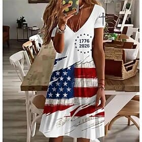 American Independence Day Women's Mini Dress T Shirt Dress Tee Dress A Line Dress Casual Daily Regular Fit Graphic American Flag Short Sleeve V Neck Blue White