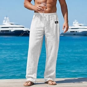 Homme Pantalons en Lin Pantalons Pantalon d'été Pantalons Amples Pantalons de Plage Taille Élastique Jambe Droite Uni Confort Respirant Longueur complète Occas
