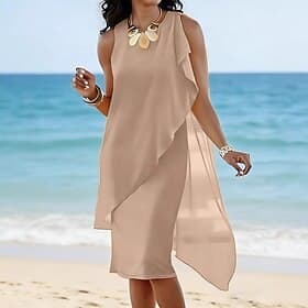 Femmes Robe Longueur Genou Robe en Chiffon Élégant Mode Moderne Plage Soirée Coupe Ample Uni Sans manches Col ras du cou Bretelles Noir Rose Claire Violet Kaki