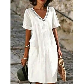 Damen Knielanges Kleid Weißes Kleid Freizeitkleid Sommerkleid Elegant Mode Strand Urlaub Ferien Lässiger Schnitt Einfach Kurzarm V Ausschnitt Blau Schwarz Weiß