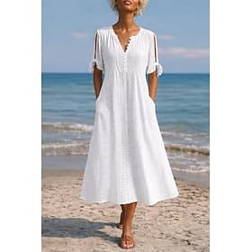 Women's Midi Dress Boho Dress A Line Dress Summer Dress Elegant Fashion Modern Daily Outdoor Beach Loose Fit Plain Short Sleeve V Neck White Purple Light Blue
