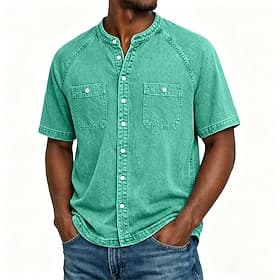 SoftFade™ Men's Shirt Casual Shirt Faded Shirt Garment Dyed Acid Wash Shirt Black Light Green Pink Navy Blue Purple Short Sleeve Plain Grandad Collar Casual Da