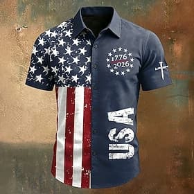 Men's 4th of July U.S. 250th Anniversary US Flag 1776 Shirt Button Up Shirt Short Sleeve Patriotic Outdoor Holiday Summer Spring Turndown 3D Print Collared Shi