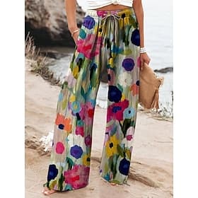 Femmes Jambe large Pantalons Vacances Mode Streetwear Longueur complète Taille Moyenne Fleuri Graphique Avec Poches Taille Élastique Imprimé Confortable Confor