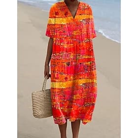 Damen Midikleid Sommerkleid Urlaub Lässig Strand Strand Party Lässiger Schnitt Grafik Geometrisch Abstrakt Kurzarm V Ausschnitt Blau Weiß Hell Rot Orange Somme