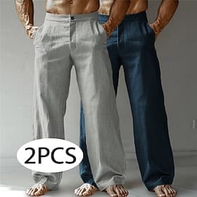 Men's Linen Pants Trousers Summer Pants Baggy Pants Beach Pants Pocket Buttons Straight Leg Plain Comfort Breathable Full Length Daily Beach Vacation Vacation