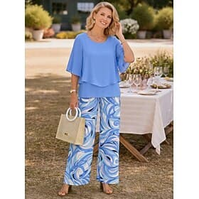 Women's Pants Sets Half Sleeve Butterfly Sleeve Round Neck Floral Graphic Elegant Vacation Daily Vacation Wedding Guest Blue Pink Purple Spring Summer Regular